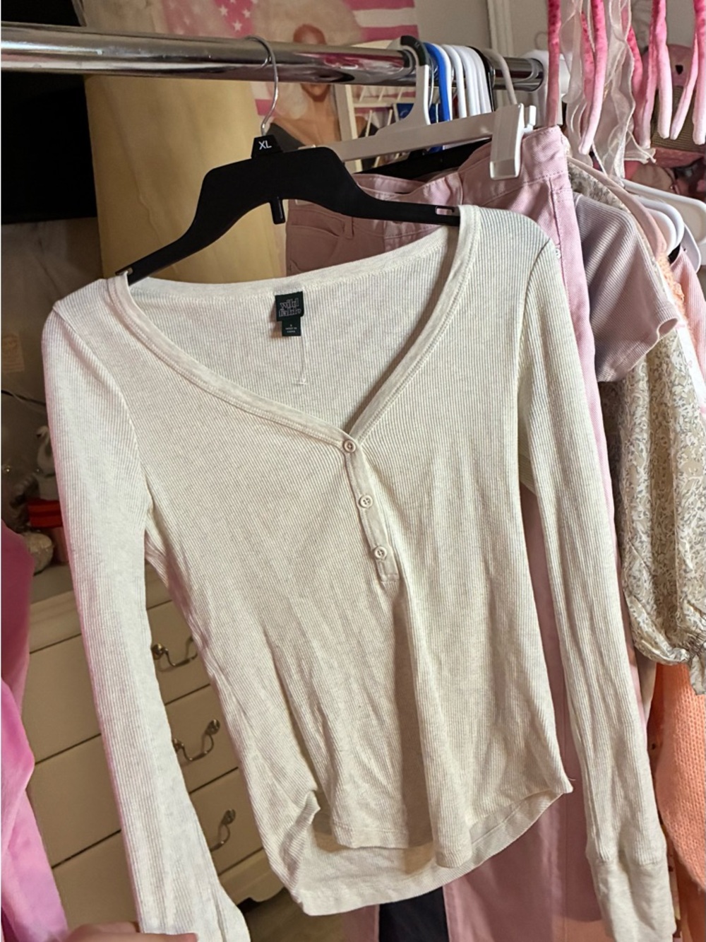 Ribbed Henley Long Sleeve Top in Cream - INC International Concepts